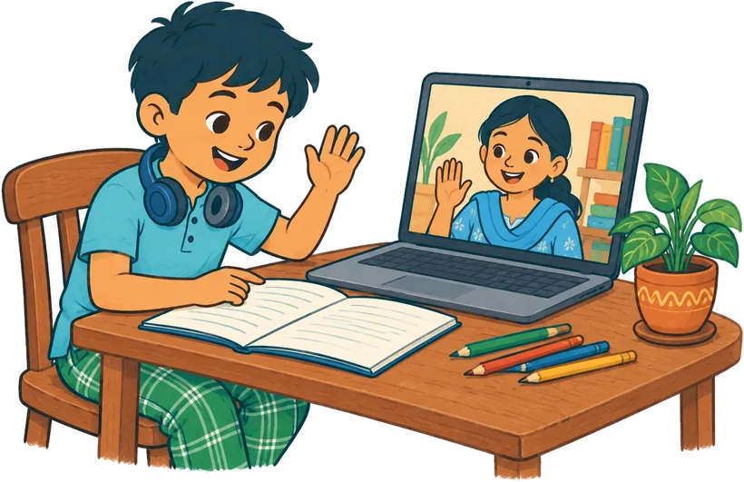 একটা ছেলে ল্যাপটপে মেন্টরের দিকে হাত নাড়ছে
